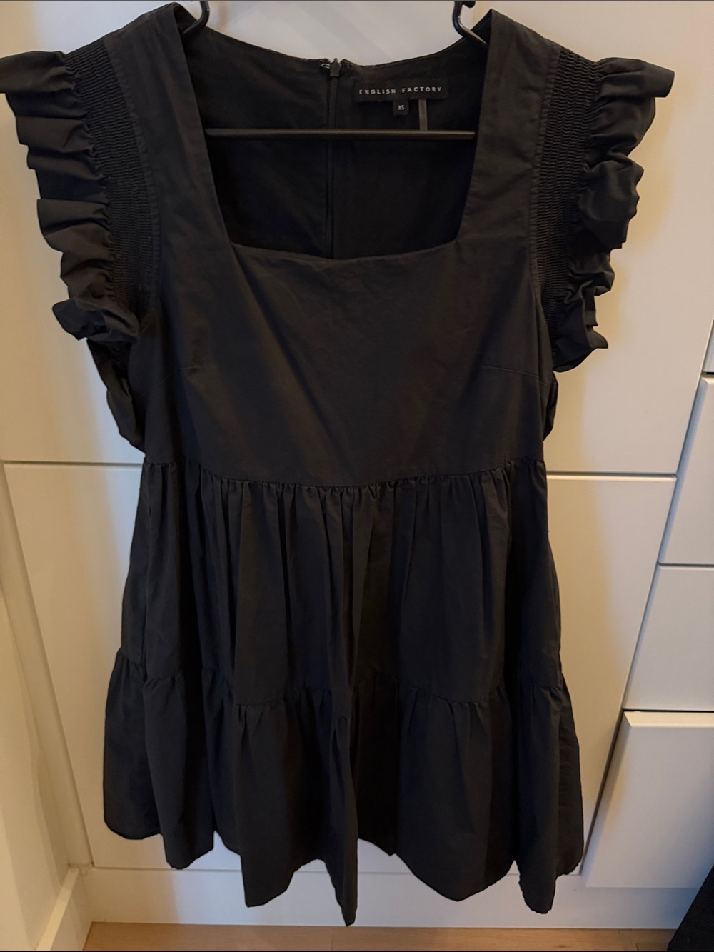 English Factory Black Square Neck Ruffle Sleeve Tiered Dress